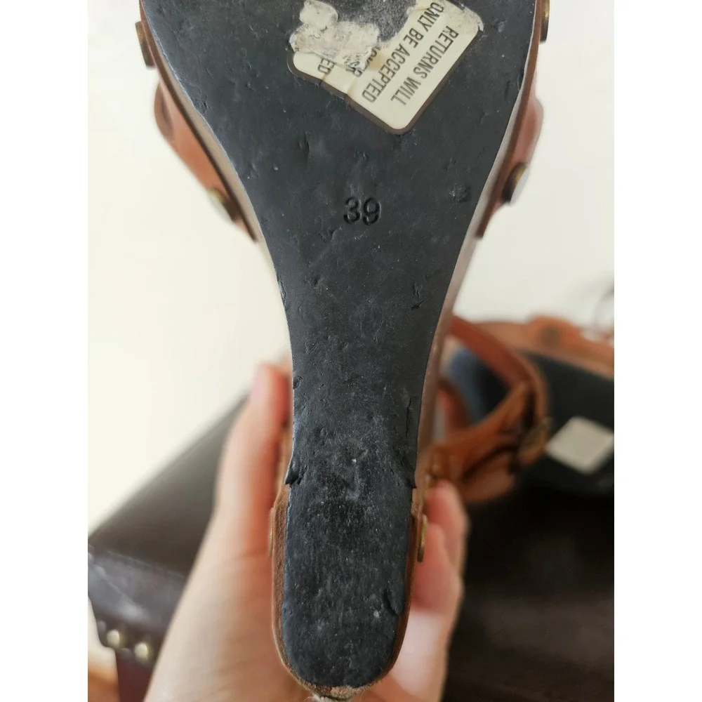 See by Chloe Ancle Wrap RivetLeather Brown Wooden Wedges Sandals sz EU 39 US 8.5